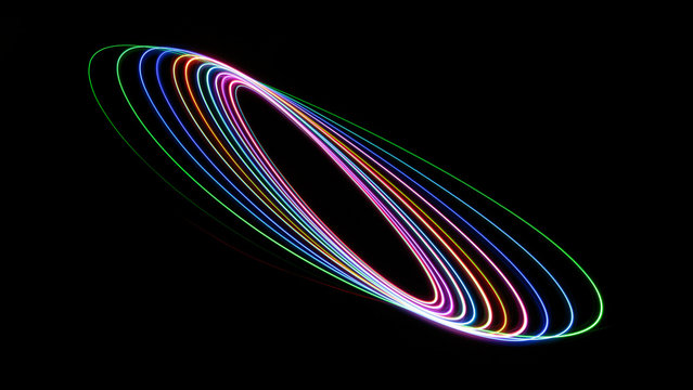 Colourful abstract with swooshes, swirls, spirals and elipses on a black background.