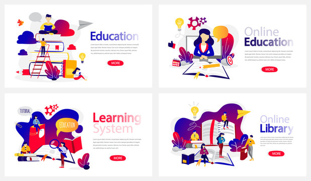 Online education courses banner set. Online library and e-learning system