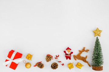 Christmas composition. Christmas gift boxes and decorations on white background. Crative flat lay , top view