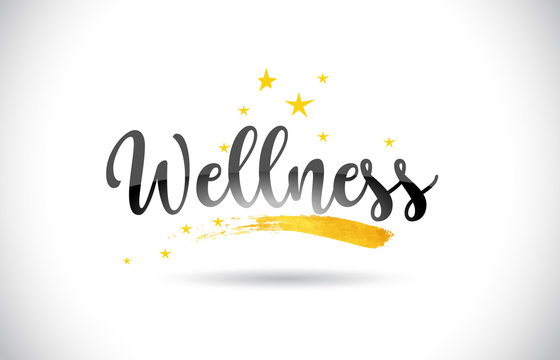 Wellness Word Vector Text with Golden Stars Trail and Handwritten Curved Font.