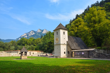 Fototapeta na wymiar Scenic view of medieval Red Monastery (Cerveny Klastor) in Pieniny Mountains, Slovakia