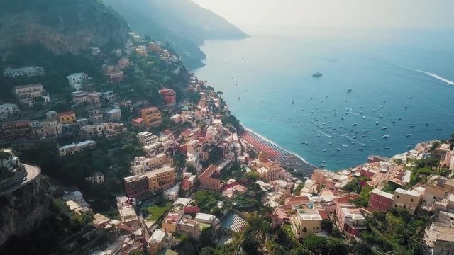 Positano, Amalfi Coast and Beach Aerial Shot