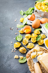Italian food and ingredients, handmade tortellini with spinach and ricotta