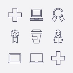 Outline 9 cup icon set. plus, read the book, coffee cup, laptop and award vector illustration