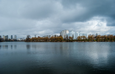 View of multi-storey houses from the lake