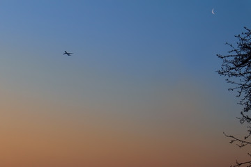 Airplane and Crescent at Dawn