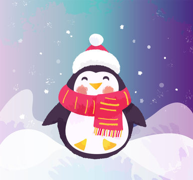 Cute penguin in hat and scarf. Winter illustration