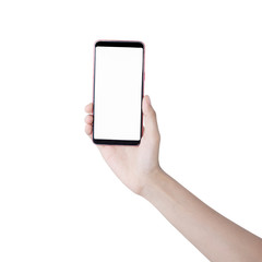 hand with smart phone of female Asia girl on white back ground isolate, touch on screen by finger and hold by hand.