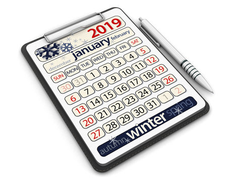 Clipboard with January 2019. Image with clipping path