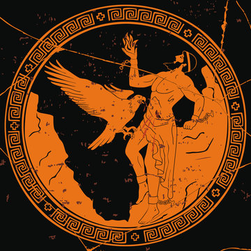 Ancient Greek god Prometheus with a fire in his hand. Figure on the bottom of the vase.