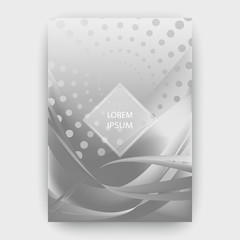 Fluid liquid shapes composition. Wavy geometric background. Monochrome grey abstract backdrop. Halftone circles elements. Gradient wave template vector Poster Layout Magazine Flyer