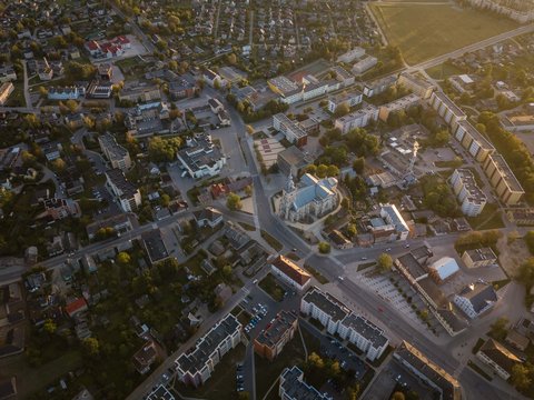 Aerial view of town during early autumn morning.