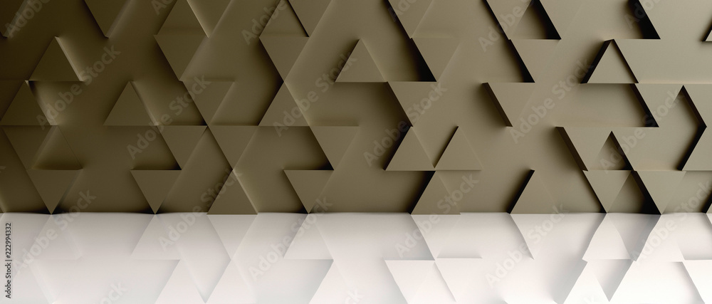 Poster golden triangle pattern backdrop background on white floor. 3d rendering.