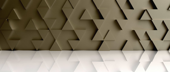 Golden triangle  pattern backdrop background on white floor. 3D rendering.