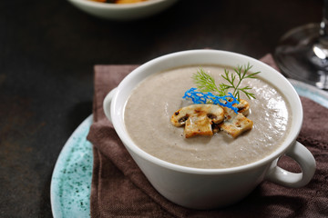 Mushrooms Cream soup in white bowl