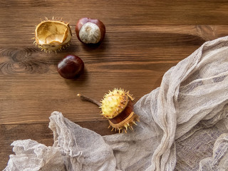 Ripe chestnuts on old wooden table close up with copy space. autumn background