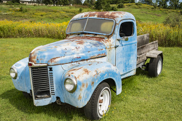 Old rusty truck and old caravan in Stowe Vermont