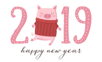 Creative poster for New 2019 Year with cute pig