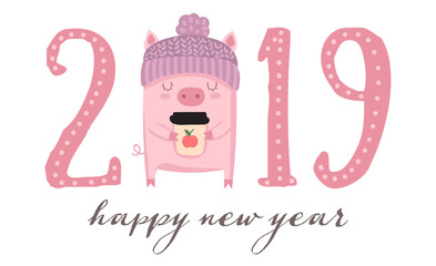 Creative poster for New 2019 Year with cute pig