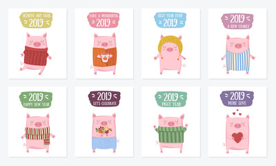 Creative postcard collection. New 2019 Year with cute pigs.