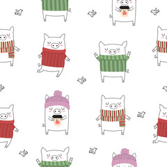 Vector seamless pattern for New 2019 Year with cute pigs