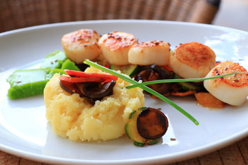 Plate of scallops cooked with its vegetables garnish in a french gastronomic restaurant
