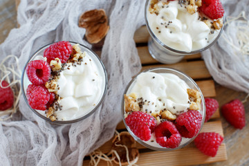 Raspberries and yogurt chia pudding parfait