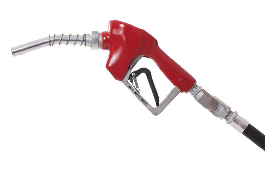 Gasoline pump nozzle with red vinyl covered handle isolated on white