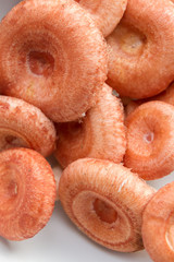 Mushrooms volnushki raw collected lie on a white plate