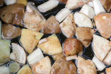Sliced raw mushrooms collected lie in a pot of water