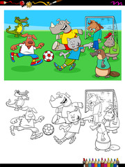 animal characters playing soccer coloring book
