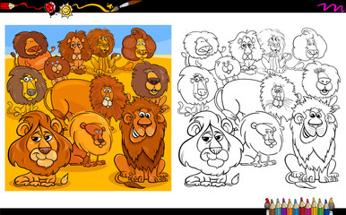 Fototapeta na wymiar lions animal characters group coloring book