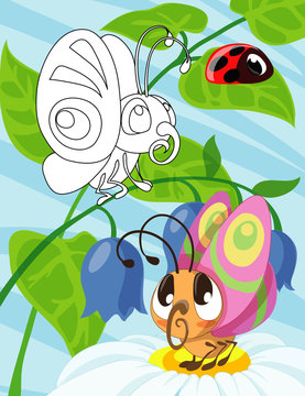 Hand drawn cute butterfly baby cartoon style inspired. Coloring book for kids and adults.