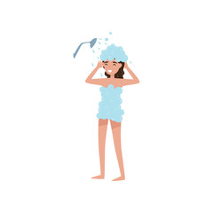 Girl washing her hair with shampoo in shower, beauty treatment, young woman taking care of herself vector Illustration on a white background