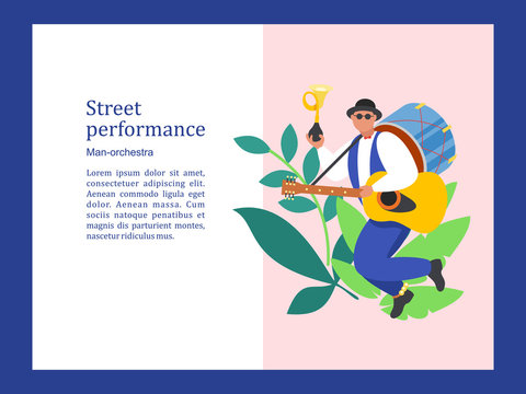 Street musician. Man band. Street performance. Vector illustration.
