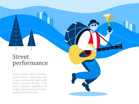 Street musician. Man band. Street performance. Vector illustration.