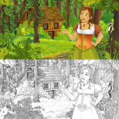 Obraz na płótnie Canvas cartoon scene with happy young girl in the forest encountering hidden wooden house - with artistic coloring page - illustration for children