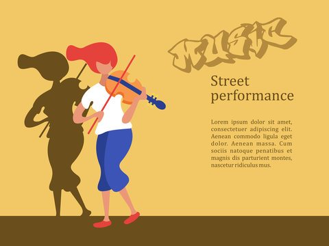 Street musician, violinist girl. Vector illustration.