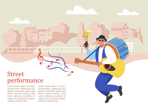 Street musician. Man band. Street performance. Vector illustration.