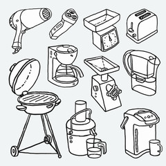 Hand-drawn cartoon illustrations with electric house appliances . Shaver, Hair Dryer, Toaster, Grill. Coffee Maker, Mincer, Water Filter, Thermo Pot, Juicer, Kitchen Scale.  Vector graphics set.