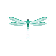 Flat vector icon of small dragonfly with long turquoise body two pairs of large transparent wings. Fast-flying insect