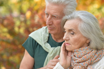 Portrait of senior couple posing in autumn park