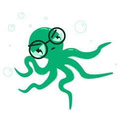 Pensive fun green octopus in glasses
