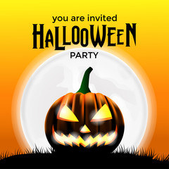halloween party with jack lantern pumpkin. banner and poster label invitation template. trick or treat event. vector illustration.