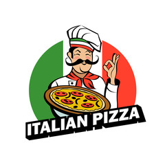 Italian chef holding a delicious pizza. Vector emblem.