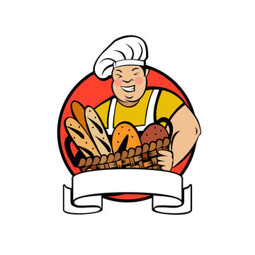 Cute fat Baker with a basket of fresh bread. Vector bakery logo.