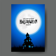 halloween party with house on the hill with full moon at the night. banner and poster label invitation template. trick or treat event. vector illustration.