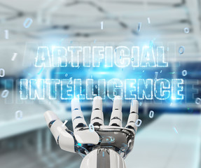 White cyborg hand using digital artificial intelligence text hologram 3D rendering