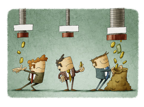 concept of salary difference. Three businessmen receive the money that falls from three pipes in different amounts.