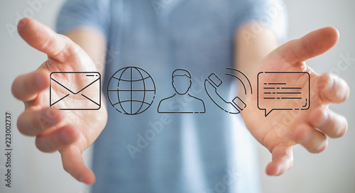 Businessman using thin line contact icon